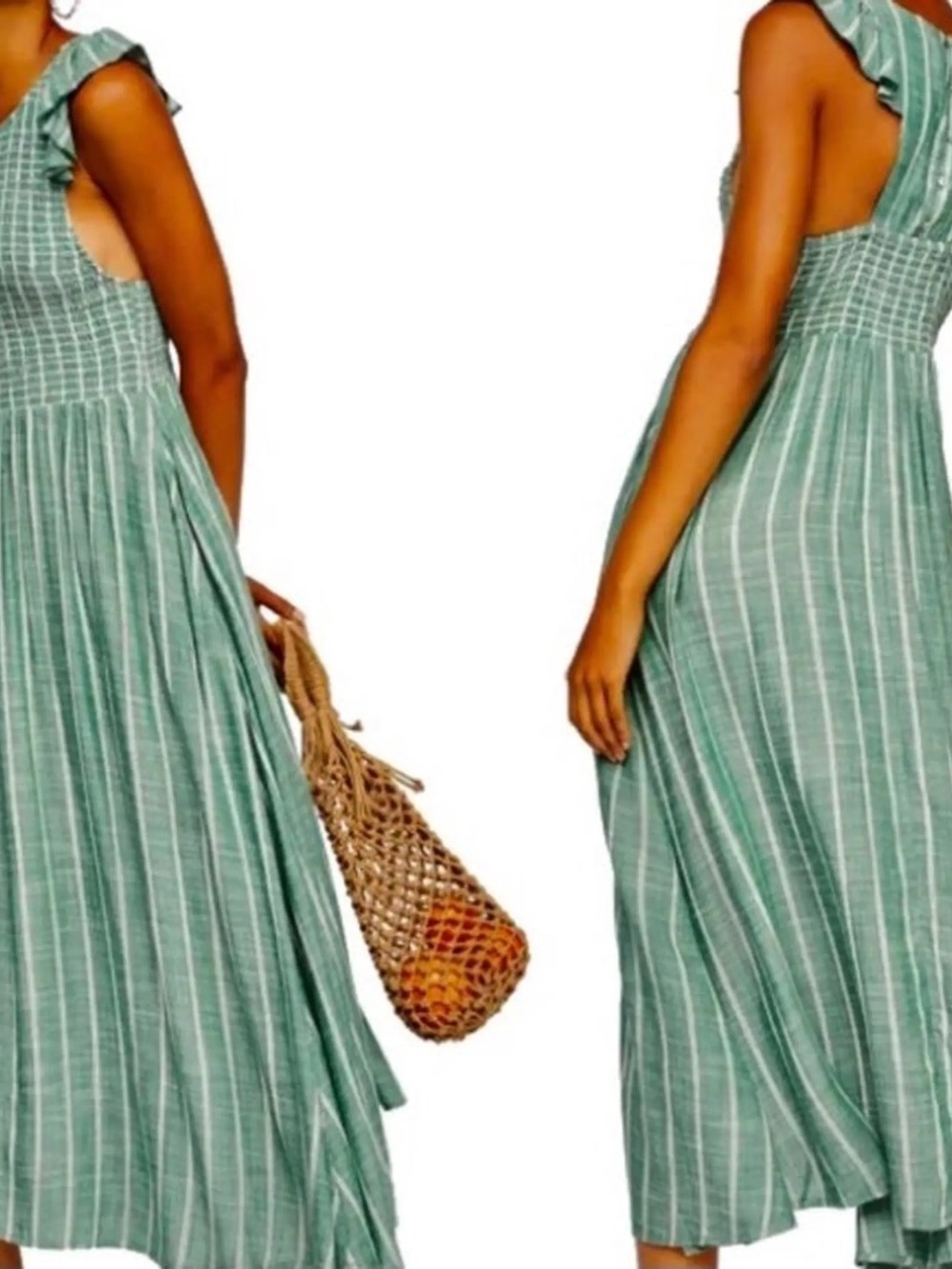 NWT Free People Green Striped Smocked Midi Dress ☀️ 🌊